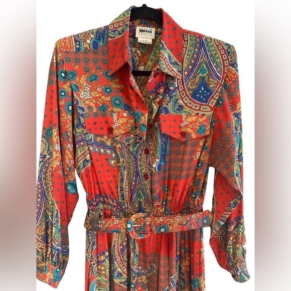 Vintage Graphic Paisley/Floral Pleated Shirt Dress - Picture 2 of 7